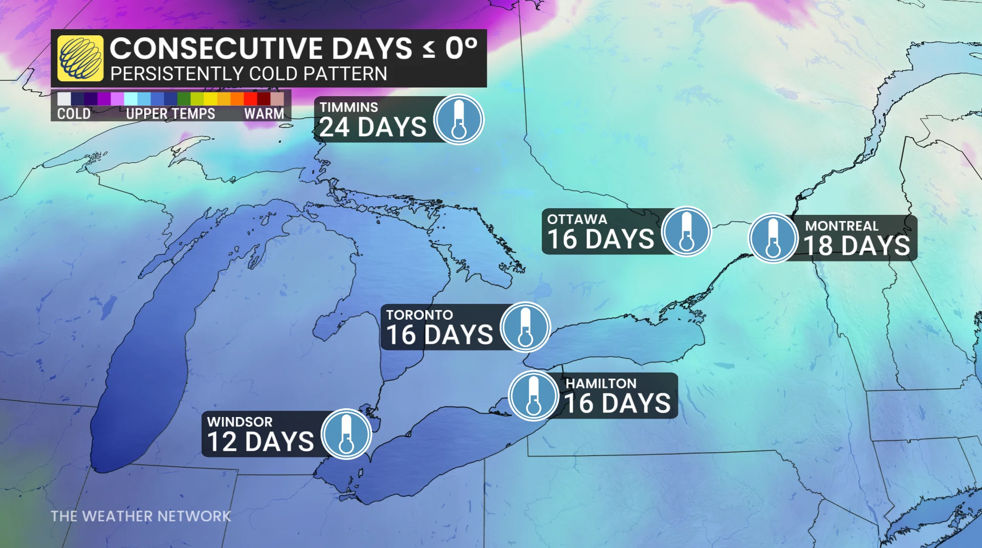 Ontario consecutive days below zero