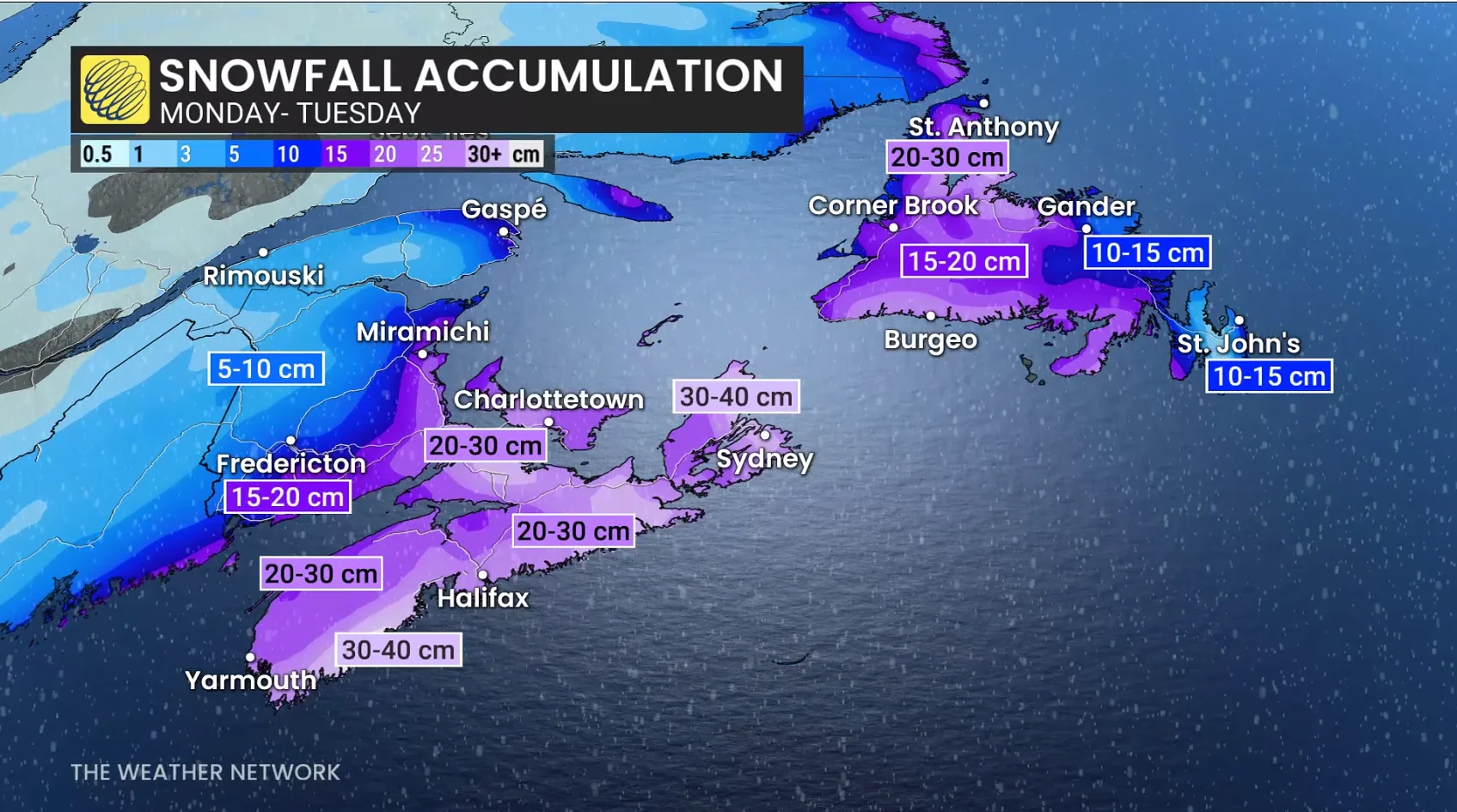 Atlantic Canada snowfall forecast Monday-Tuesday