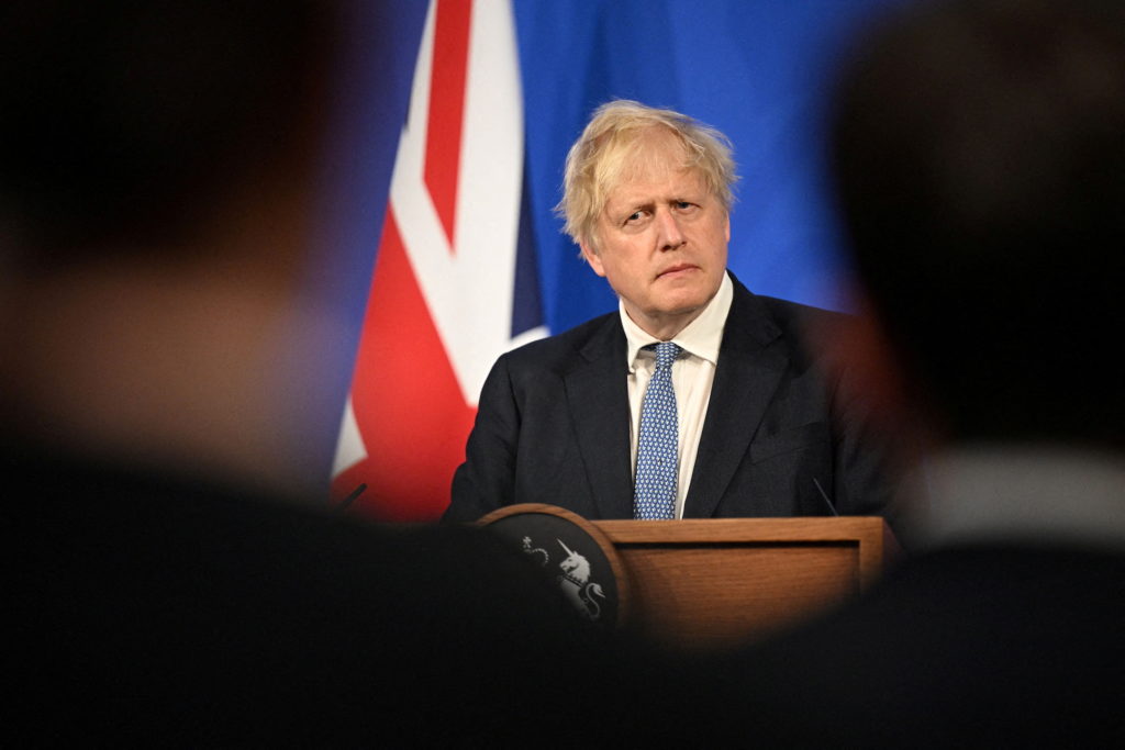 FILE PHOTO: Britain's Prime Minister Boris Johnson holds a news conference in response to the publication of the Sue Gray ...