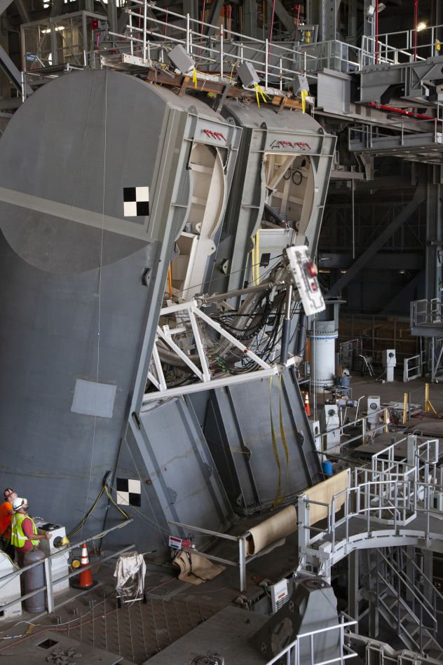 The Tail Service Mast Umbilical (TSMU) for NASA’s Space Launch System rocket is pictured during a drop test at NASA’s Kennedy Space Center in Florida on June 19, 2019.