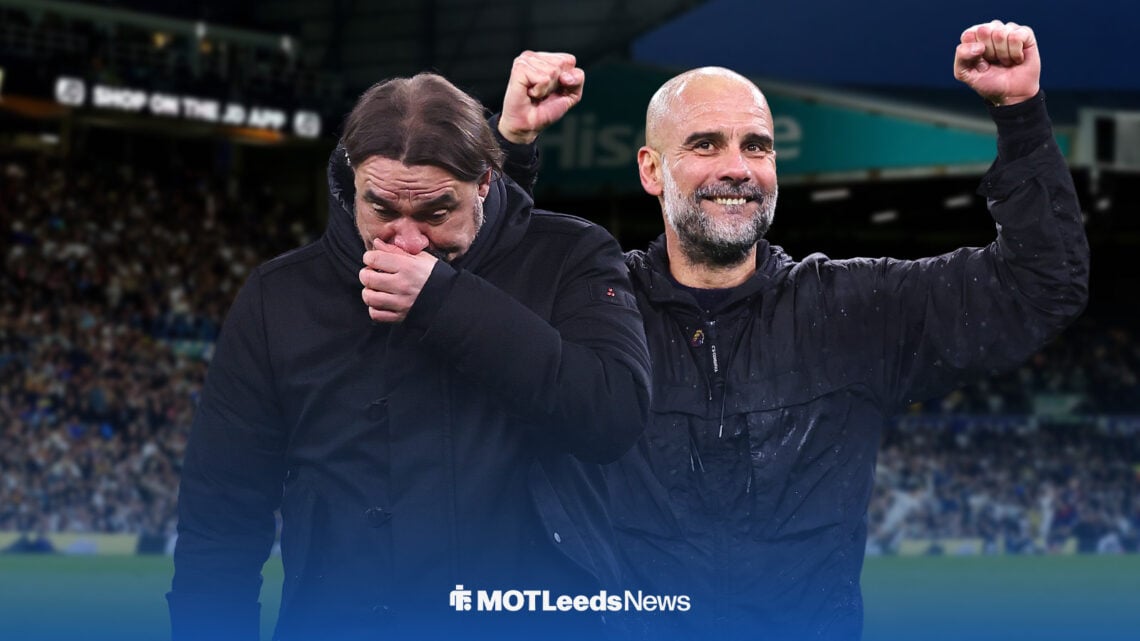 Daniel Farke alongside Pep Guardiola celebrating at Elland Road.
