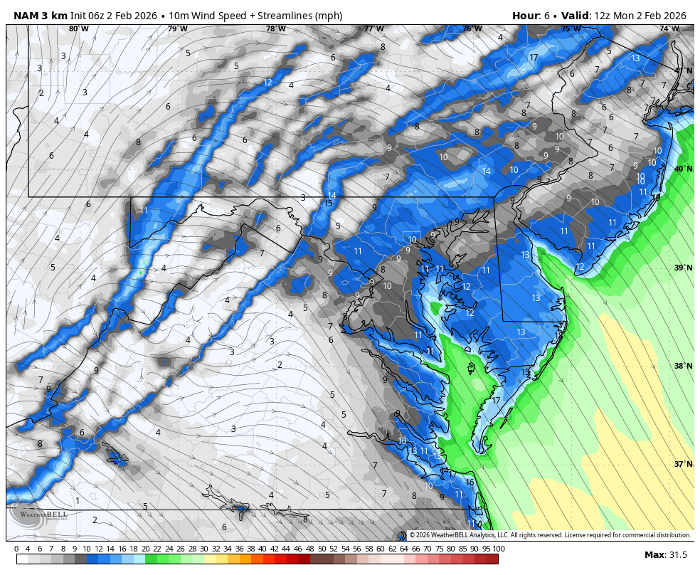 February 2 weather wind forecast Monday