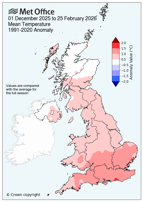 Map showing mean temperature Dec to 25 Feb 2026 in UK