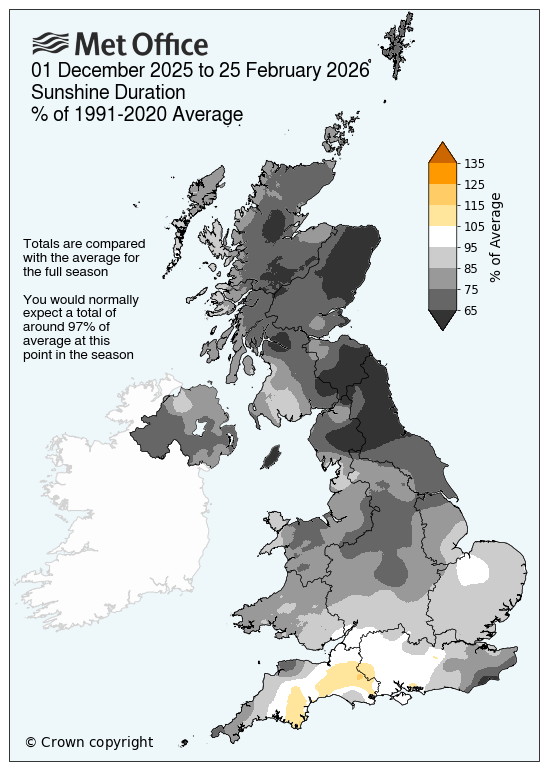 Map showing dull sunshine amounts over UK Dec to 25 February 2026