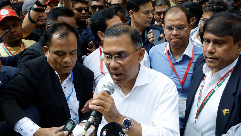BNP chairman Tarique Rahman outside a polling station in Dhaka. Pic: Reuters