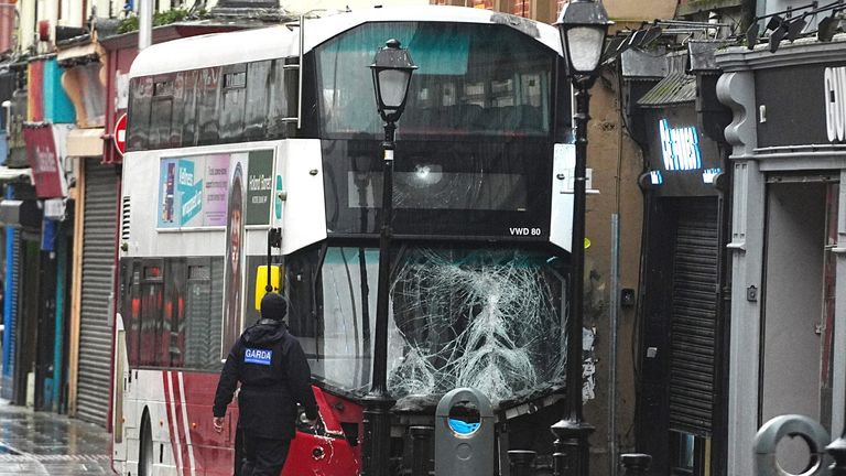 The front window of the Bus Eireann double-decker was smashed in the collision. Pic: PA