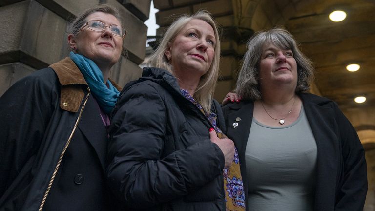 (L-R) Susan Smith, Marion Calder and Trina Budge, co-directors of For Women Scotland, outside Parliament House in Edinburgh. Pic: PA