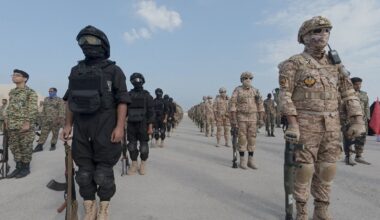 Members of the Islamic Revolutionary Guard Corps attend an exercise in southern Iran. Pic: Handout via Reuters