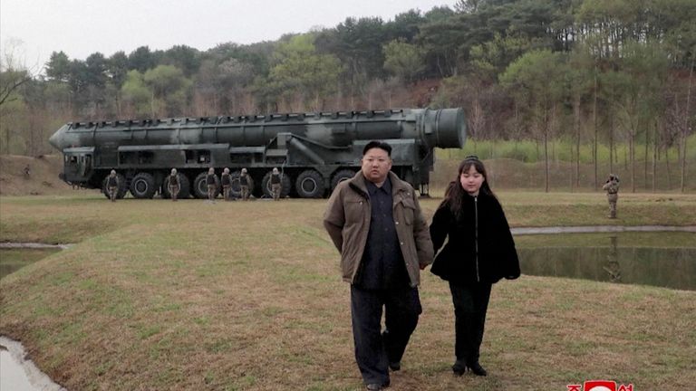 Kim Jong-un and his daughter, Kim Ju-ae, attend a missile launch in 2023. Pic: Reuters