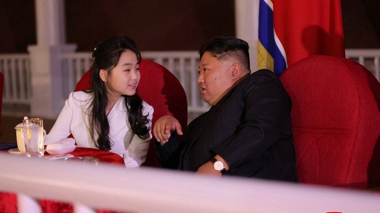 Kim Jong Un and Kim Ju Ae attend the launching ceremony of a warship. Pic: Reuters