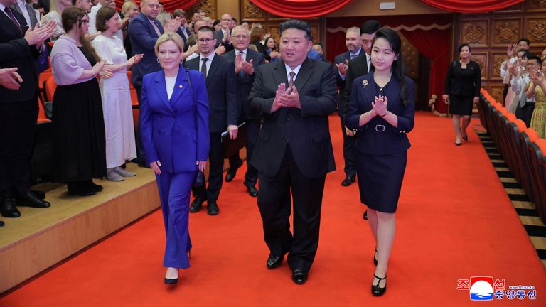 Russian Culture Minister Olga Lyubimova with Kim Jong Un and Kim Ju Ae in Pyongyang. Pic: Reuters