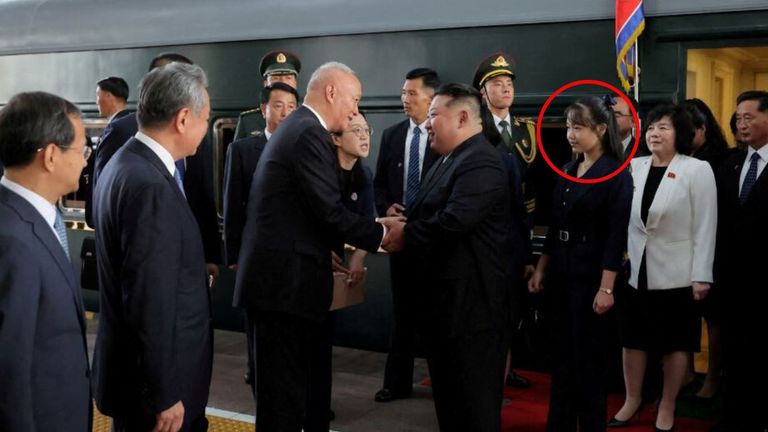 Kim Ju-ae, circled, joining her father on his visit to China last year. Pic: Reuters