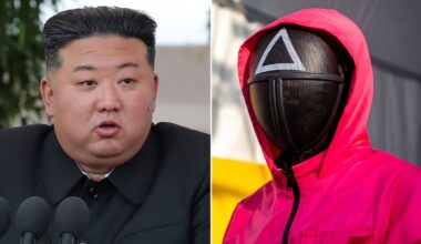 (L-R) North Korean dictator Kim Jong-un and a Squid Game guard. File pics: AP
