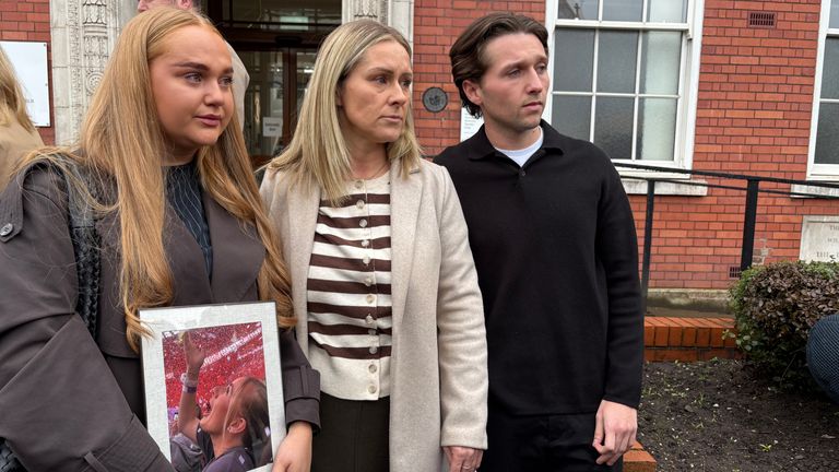 Lucy Harrison's mother (centre) with her friend Ella Gowing (left) and her boyfriend Sam Littler. Pic: PA