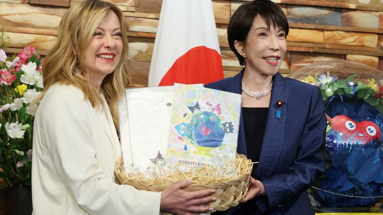 Ms Takaichi presented her counterpart with some gifts. Pic: Reuters