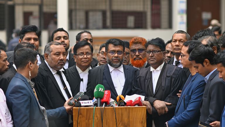 A solicitor representing the Anti-Corruption Commission speaks after Sheikh Hasina, former PM of Bangladesh, was sentenced to jail. Pic: AP