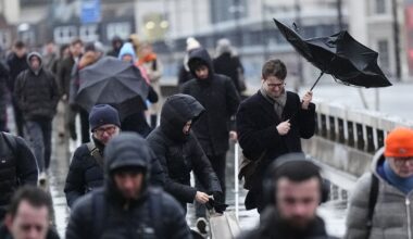 Commuters battle with the wintry conditions on London Bridge. Pic: PA