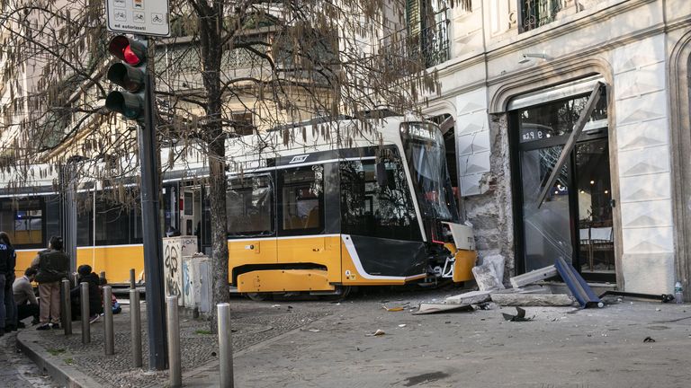 The derailed tram smashed into a building in Milan. Pic AP