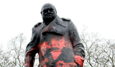 The statue of Winston Churchill in Parliament Square was daubed with red paint. Pic: PA