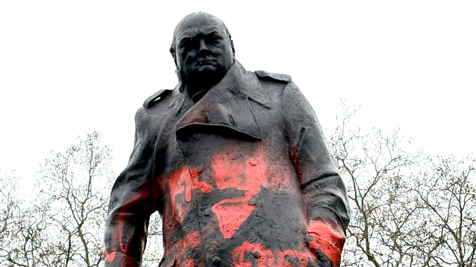 The statue of Winston Churchill in Parliament Square was daubed with red paint. Pic: PA