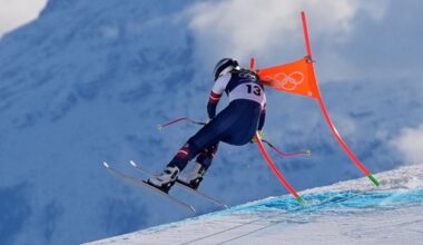 The moment Lindsey Vonn clipped a pole and crashed on her downhill run at the Winter Olympics. Pic: AP