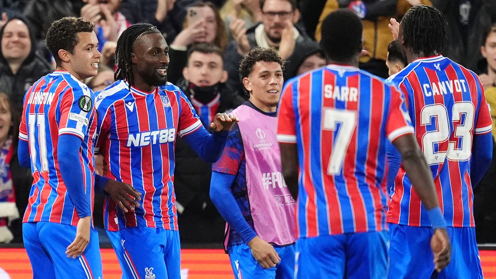 Crystal Palace's Evann Guessand (second left) celebrates with team-mates after scoring their side's second goal in the Europa League