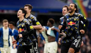 Leeds players celebrate after winning their FA Cup fourth round tie against Birmingham City on penalties