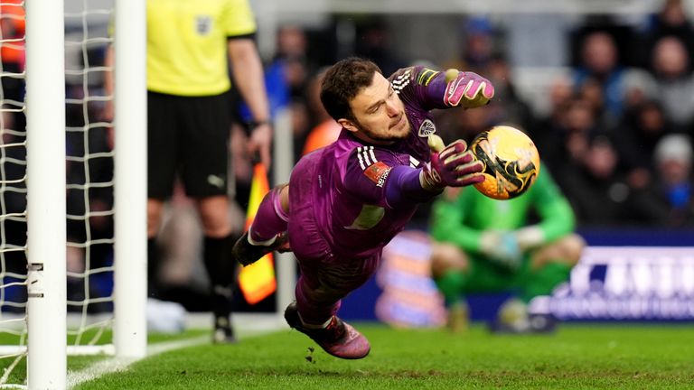 Leeds United goalkeeper Lucas Perri saves the penalty of Birmingham City's Tommy Doyle (not pictured)