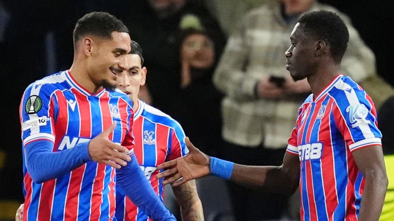 Crystal Palace's Maxence Lacroix celebrates scoring against Zrinjski Mostar with Ismaila Sarr