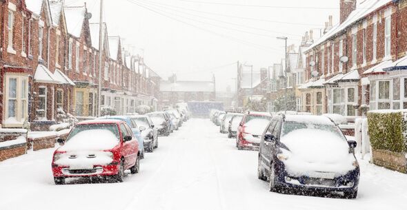 Typical UK street in winter snow Typical UK street in winter snow