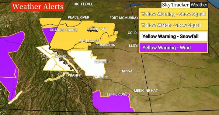 Heavy snowfall, high wind warnings issued for much of southern Alberta