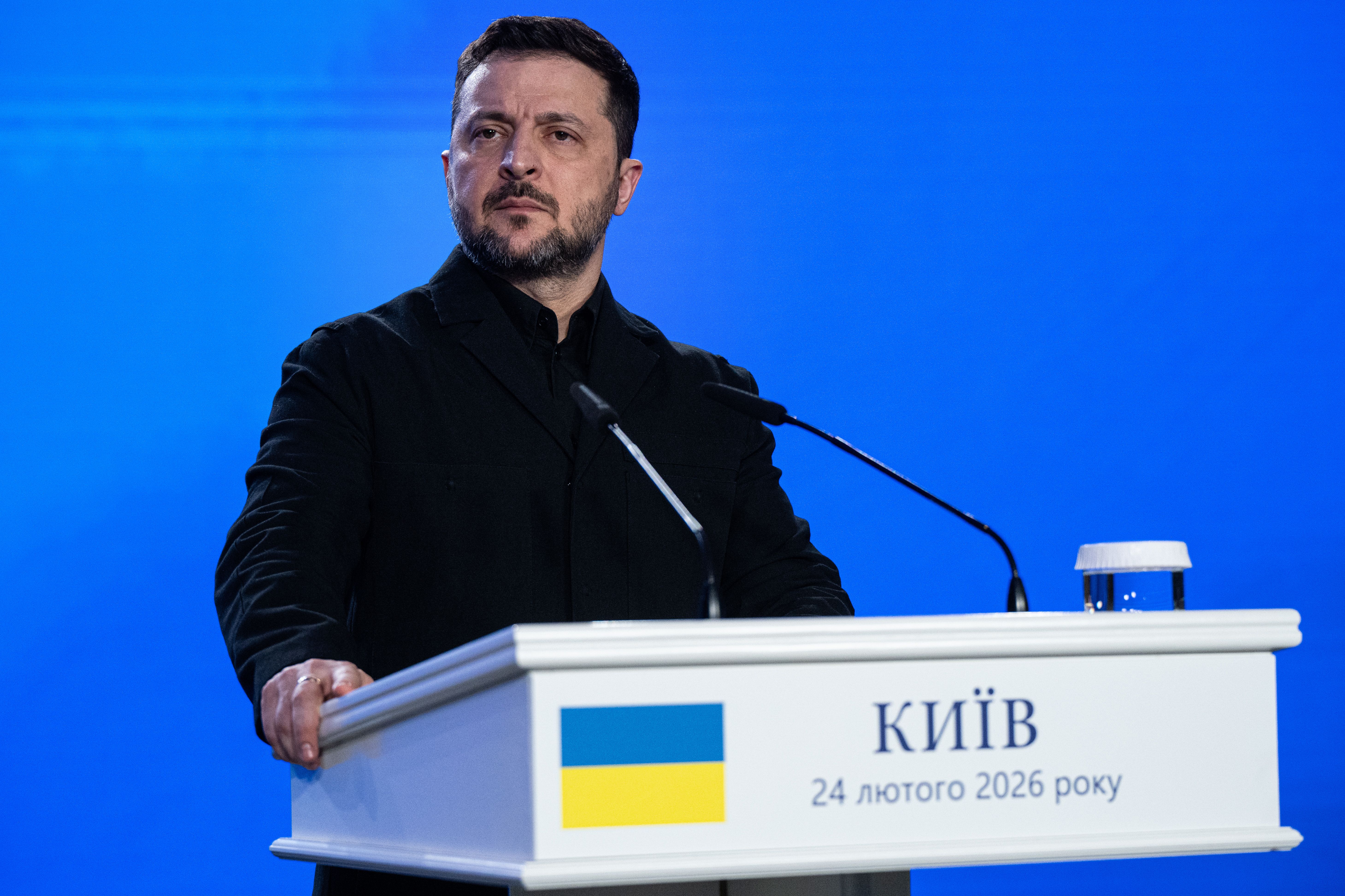 Volodymyr Zelenskyy at a news conference in Kyiv on the fourth anniversary of Russia's full-scale invasion of Ukraine.