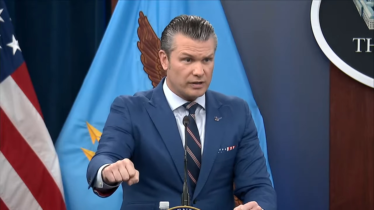 Secretary Pete Hegseth holding a Pentagon briefing on the Iran war.