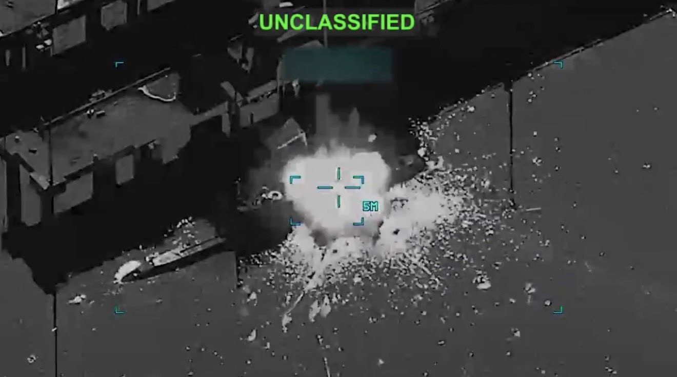 Footage from US Central Command shows strikes on IRGC navy boats including a Shahid Soleimani-class catamaran after reports that Iran is using small craft to lay mines in the Strait of Hormuz