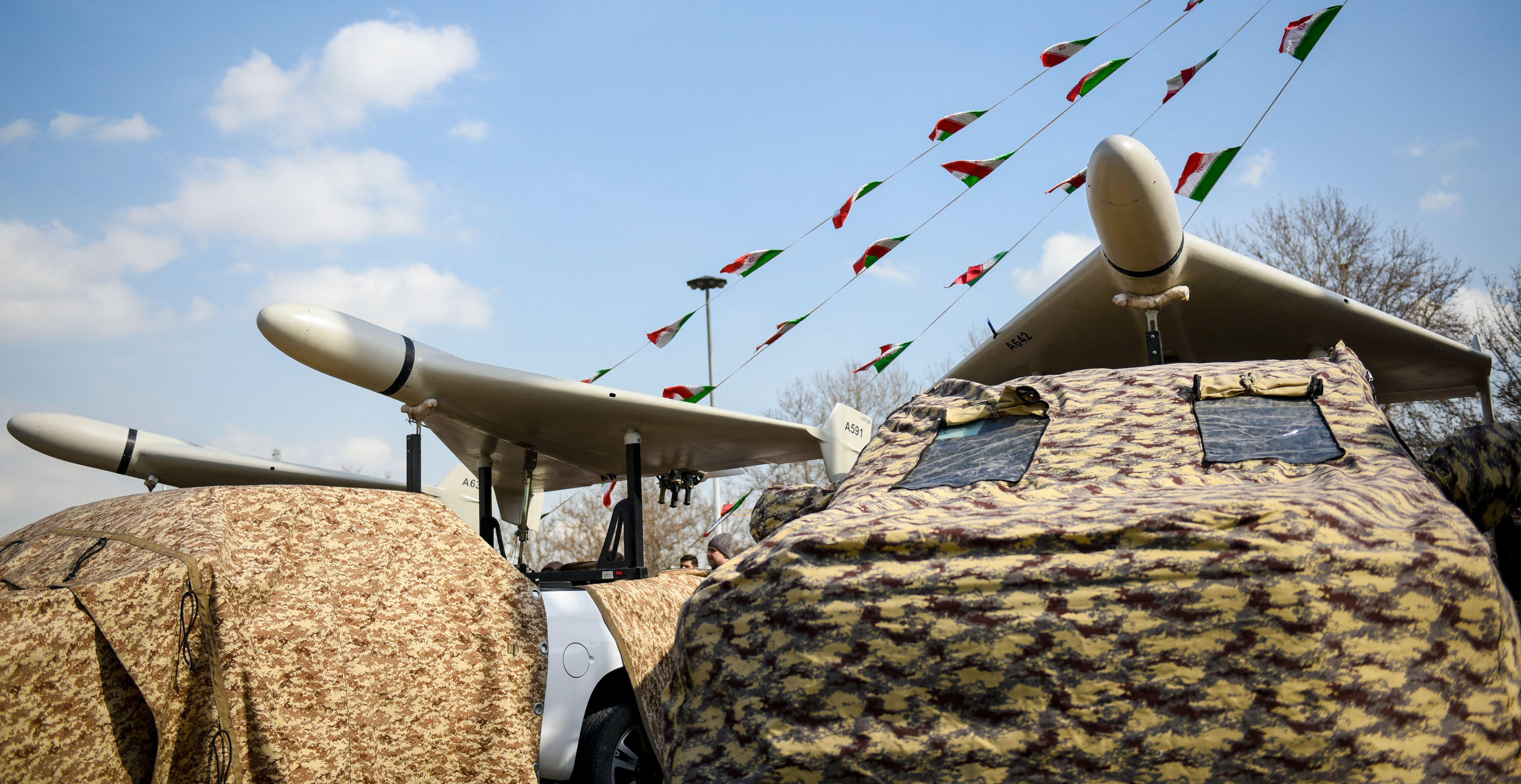 Iranian-built Shahed 136 drones on display during a rally.