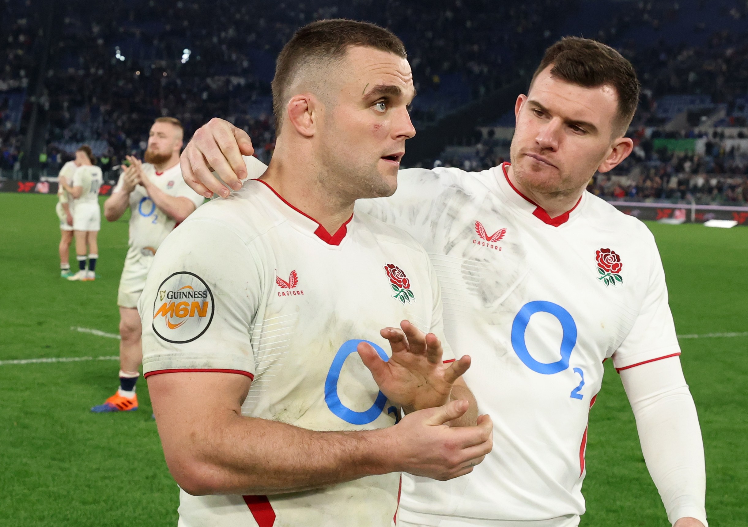 Ben Earl and Ben Spencer of England rugby team looking dejected after a Guinness Six Nations match.