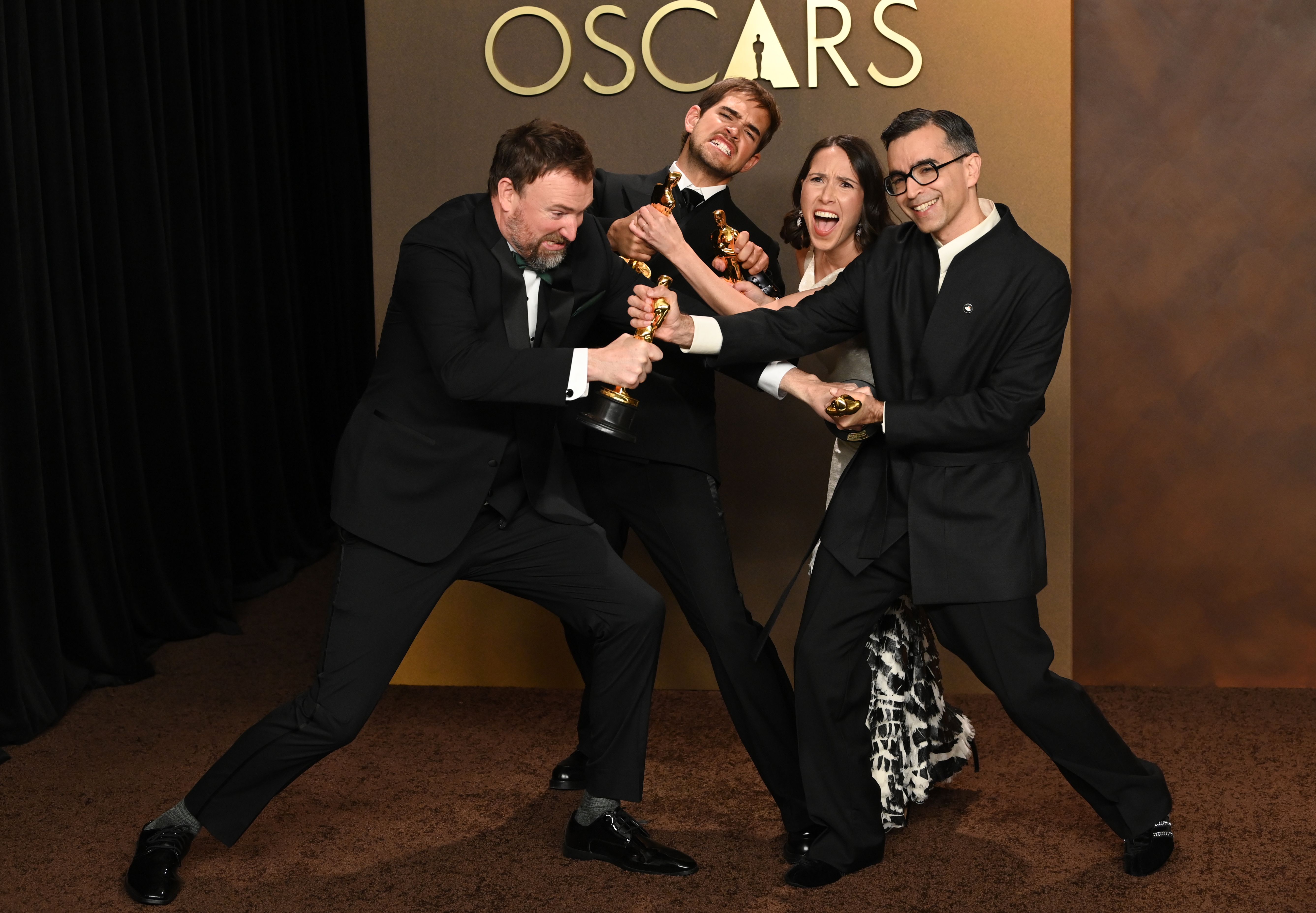 The teams behind live-action short-film rivals The Singers and Two People Exchanging Saliva mock-fight