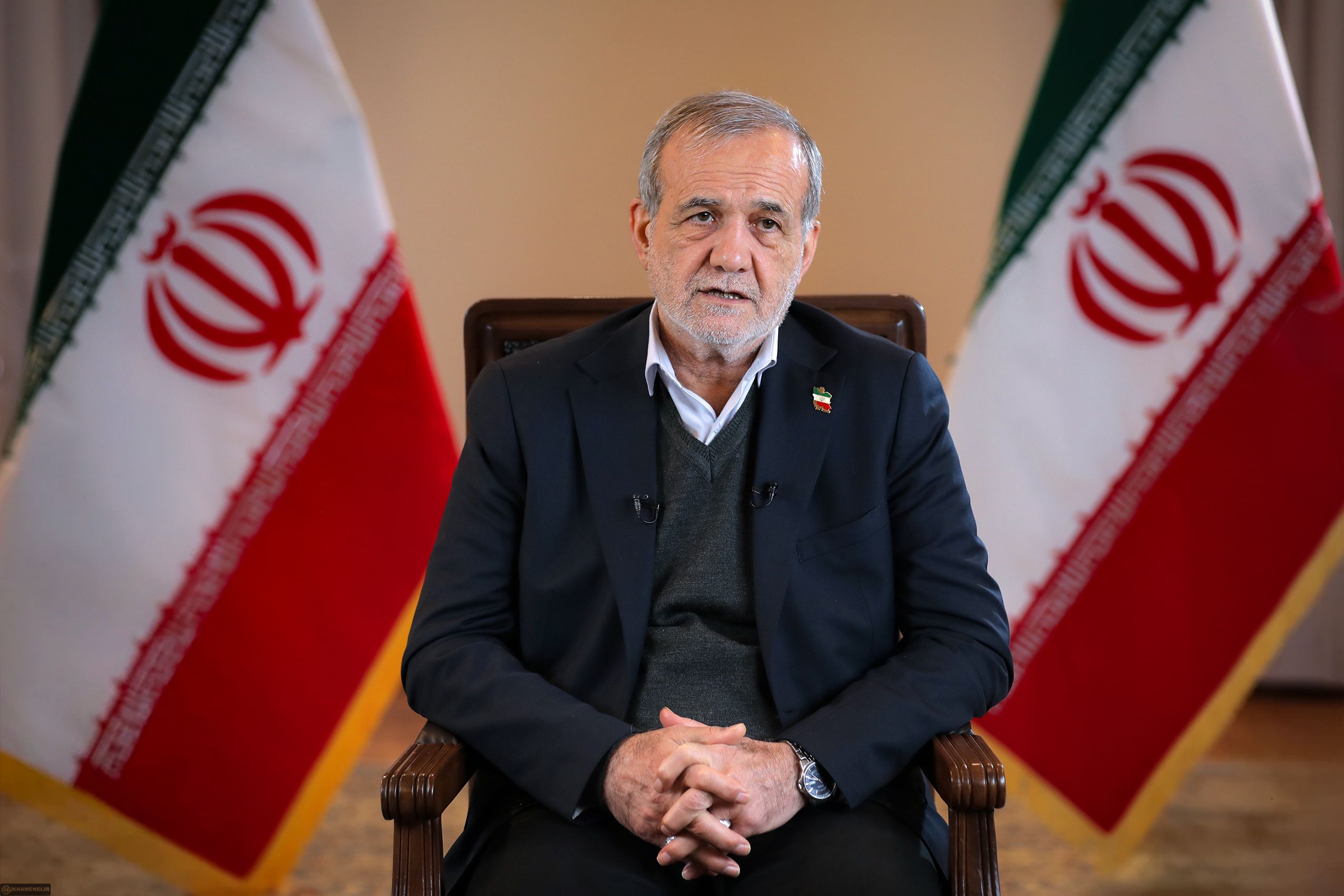 Iranian President Masoud Pezekhian speaking during an interview in Tehran.