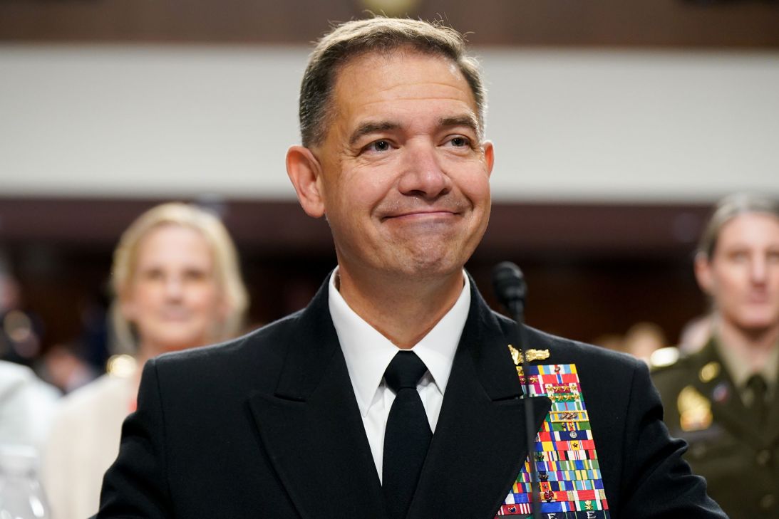 Then-Vice Adm. Brad Cooper sits for a Senate Armed Services Committee hearing in Washington during his confirmation to be commander of US Central Command on June 24, 2025.