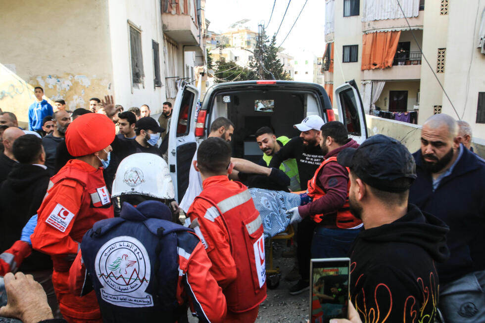 First aid responders evacuated the wounded from the site of an Israeli airstrike that targeted a neighborhood in the town of Mieh w Mieh, around five kilometers east of the southern Lebanese city of Sidon