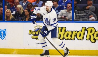 Feb 25, 2026; Tampa, Florida, USA; Toronto Maple Leafs defenseman Oliver Ekman-Larsson (95) handles the puck during the first period at Benchmark International Arena. Mandatory Credit: Morgan Tencza-Imagn Images