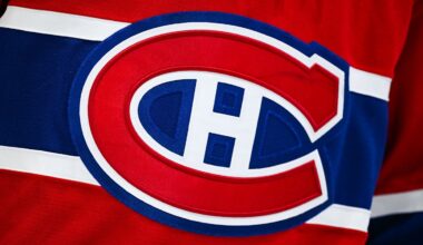 Feb 26, 2026; Montreal, Quebec, CAN; View of a Montreal Canadiens logo on a jersey worn by a member of the team  during the second period at Bell Centre. Mandatory Credit: David Kirouac-Imagn Images