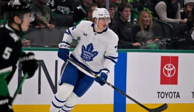 Dec 21, 2025; Dallas, Texas, USA; Toronto Maple Leafs center Bobby McMann (74) skates against the Dallas Stars during the game at the American Airlines Center. Mandatory Credit: Jerome Miron-Imagn Images