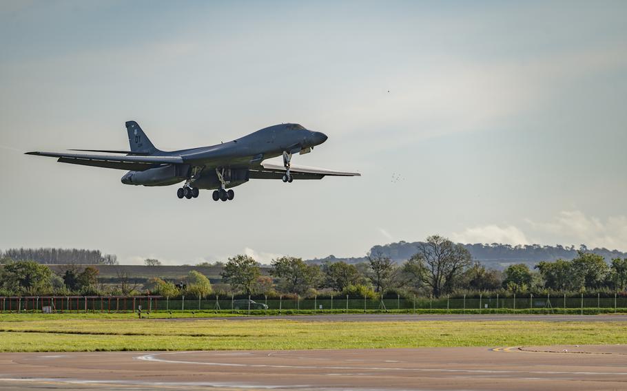 A B-1B Lancer prepares to land at RAF Fairford.