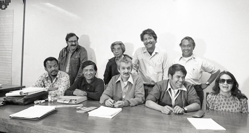 Dolores Huerta (far right) poses for a group portrait with the National Executive Board of the United Farm Workers group in California, circa 1975.