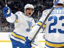 Brayden Schenn of the St. Louis Blues celebrates a goal against the Seattle Kraken on Wednesday.