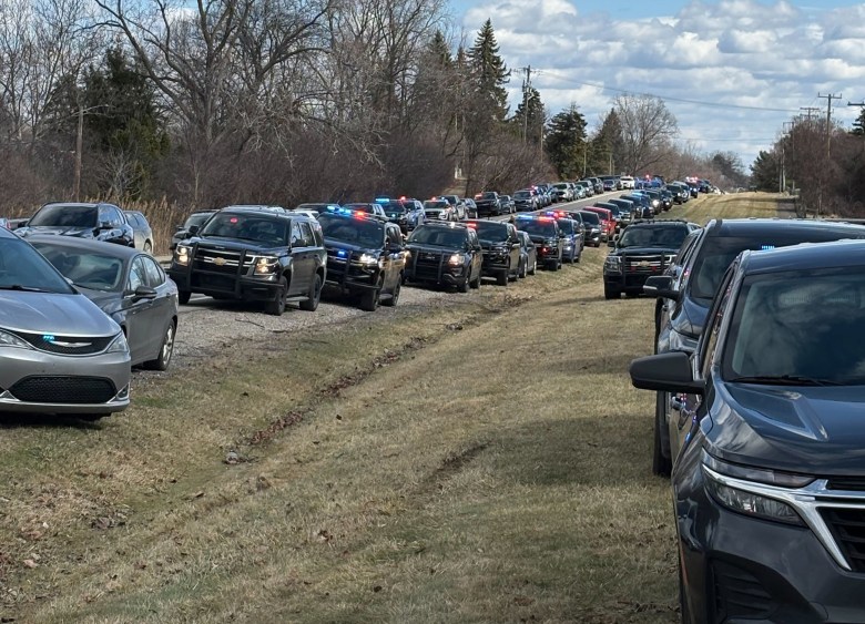 Law enforcement vehicles near the Temple Israel synagogue in West Bloomfield Township, Michigan, on March, 12, 2026.
