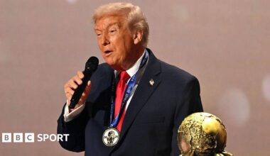 U.S. President Donald Trump speaks as he receives the FIFA Peace Prize from Gianni Infantino