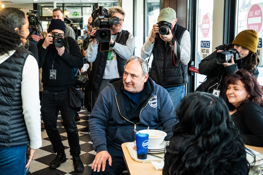 Politicians pack Manny’s Cafeteria and Delicatessen, 1141 S. Jefferson St., in the South Loop in an Election Day tradition in Chicago on March 17, 2026.