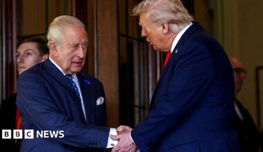 King Charles shaking hands with President Trump on a visit to Windsor in September 2025